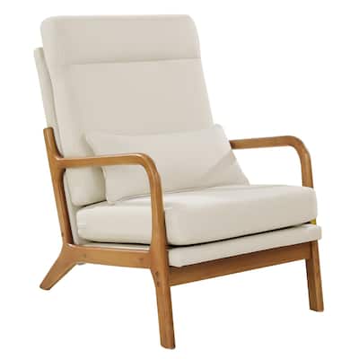 Brown-Beige Linen Fabric Mid-Century Armchair with Rubberwood Frame and Washable Cover