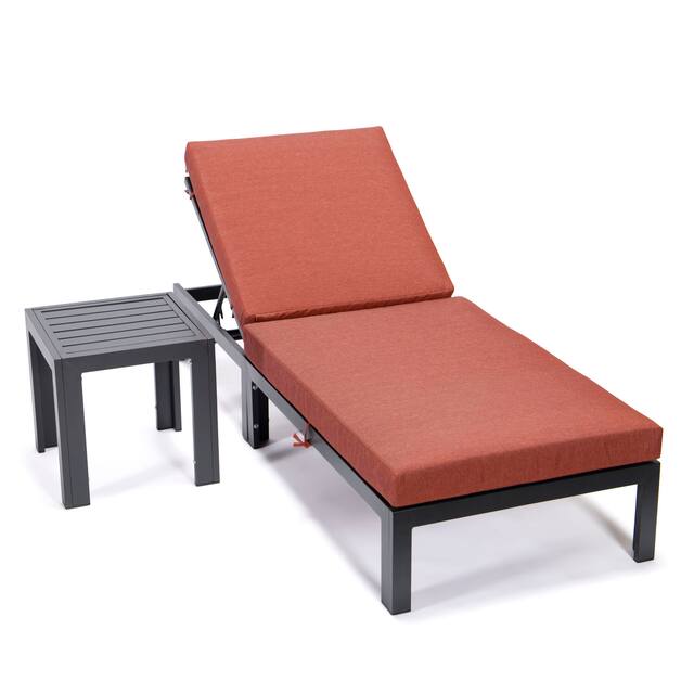 LeisureMod Chelsea Chaise Lounge Chair With Cushions & Side Table - Orange