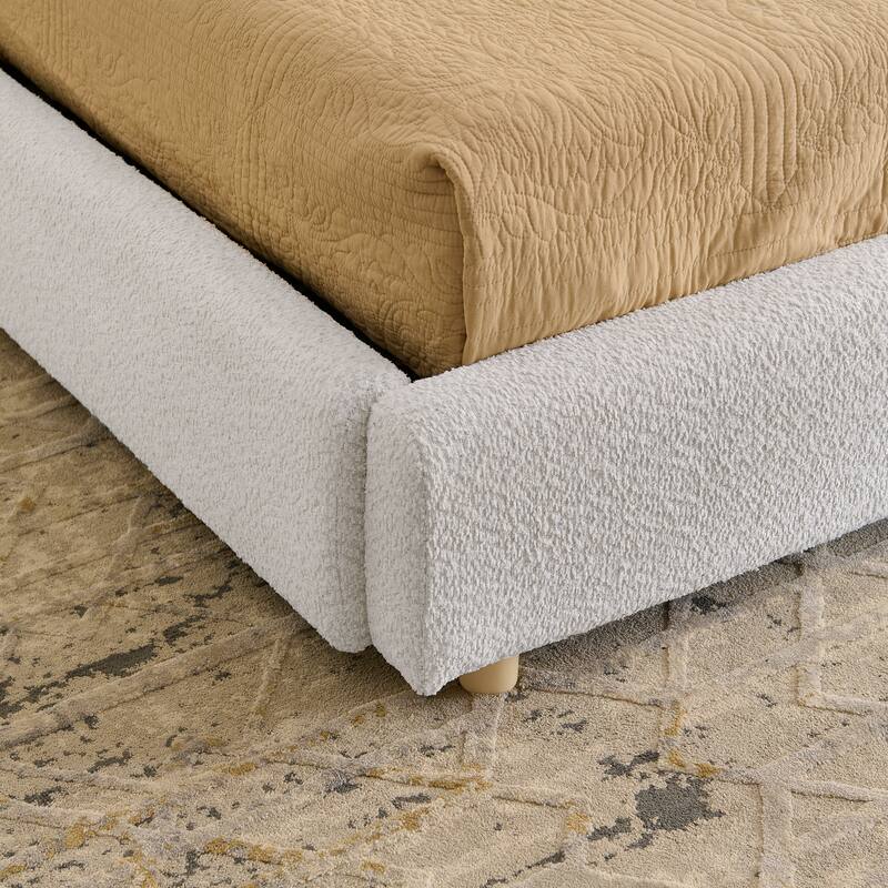 King Size Upholstered Bed Frame Modern Minimalist Style - Circle Yarn Fabric, Tall Curved Headboard