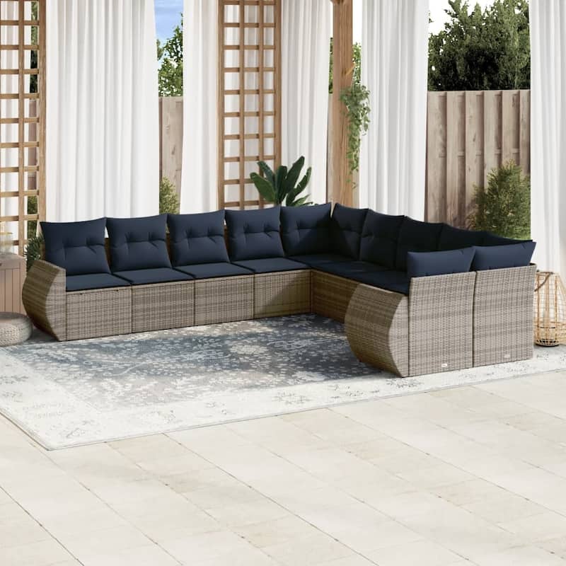 vidaXL 10 Piece Patio Sofa Set with Cushions Grey Poly Rattan - 24.4" x 24.4" x 27.2" - Grey and blue Without table