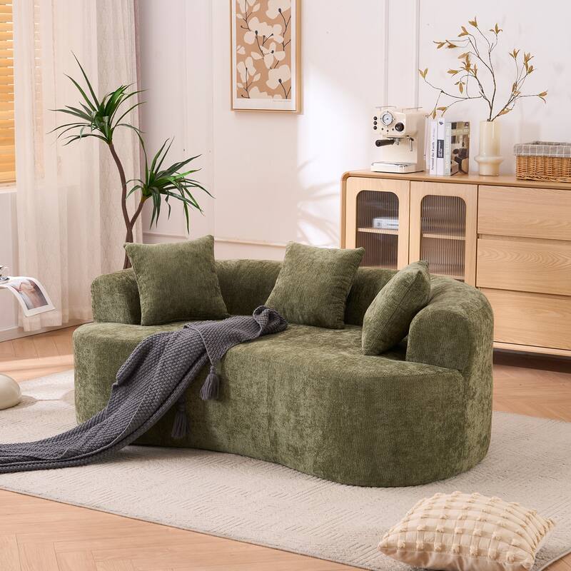 Crescent-Shaped Modular Sofa for Apartments, Chenille Low-Back Deep-Seat Sofa, Small Compression Sofa with Pillows