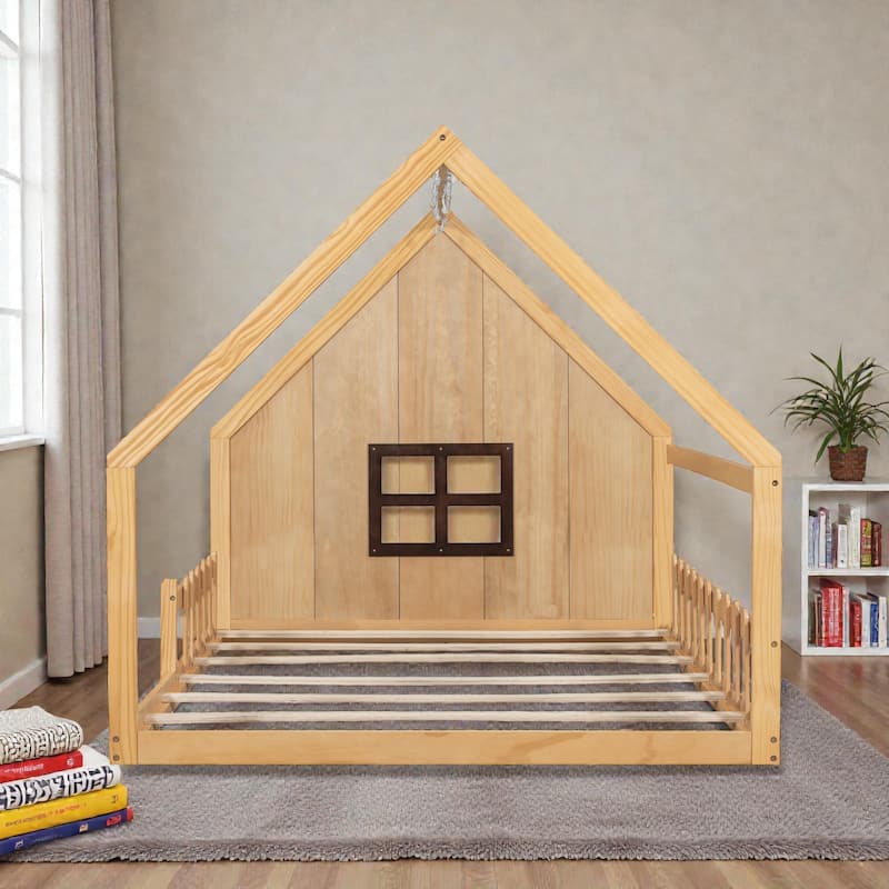 Full Size Wood House Bed with Window, Fence and LED Lights, Rustic Kids Floor Bed Frame