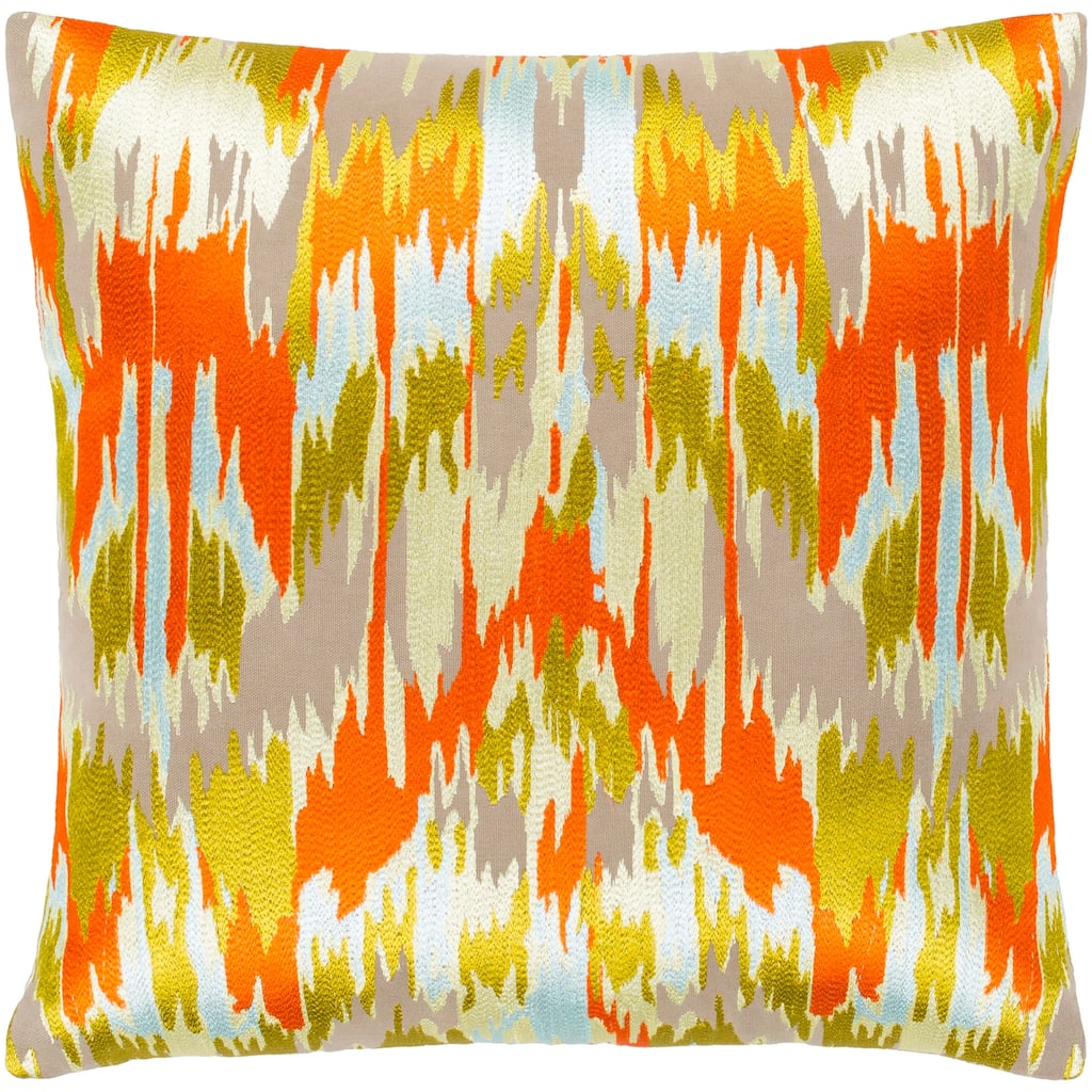 Virgil Orange & Lime Embroidered Ikat Feather Down Throw Pillow (22" x 22")