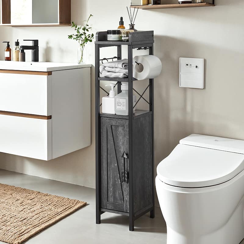 VECELO Slim Bathroom Floor Cabinet with Shutter Door 3-Tier Storage Shelf with Hooks Freestanding Cabinet for Bedroom, Entryway - Grey