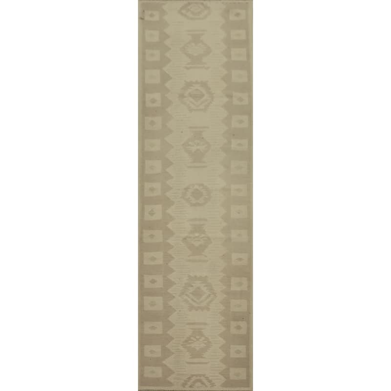 Hand Woven Oriental 100% Wool Carpet Southwestern Tribal Beige & Ivories Kilim Runner Rug - 11' 4'' X 2' 7''