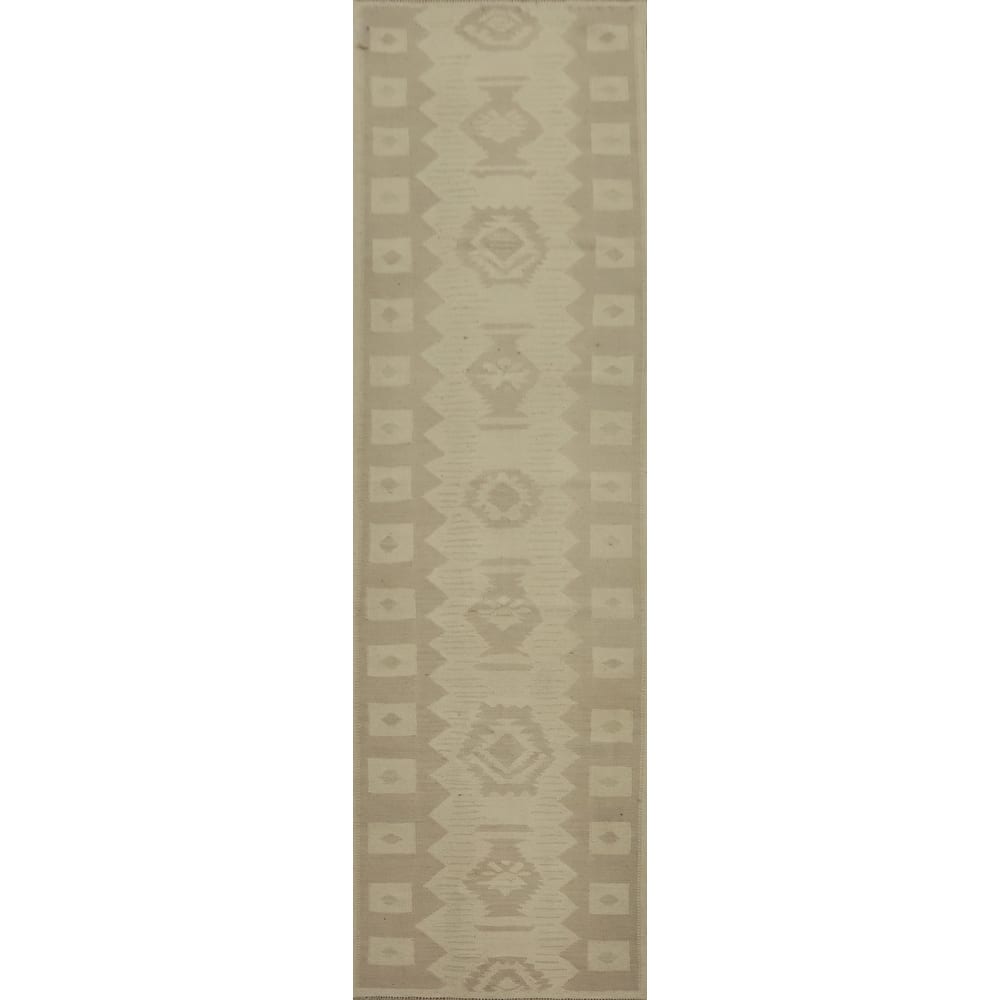 Hand Woven Oriental 100% Wool Carpet Southwestern Tribal Beige & Ivories Kilim Runner Rug - 11' 4'' X 2' 7''