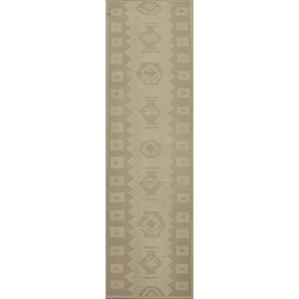 Hand Woven Oriental 100% Wool Carpet Southwestern Tribal Beige & Ivories Kilim Runner Rug - 11' 4'' X 2' 7''