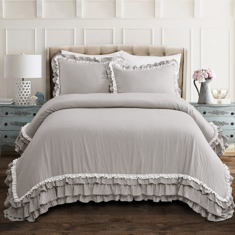 Silver Orchid Gerard Shabby Chic Ruffle Lace Comforter Set - Light Gray - King