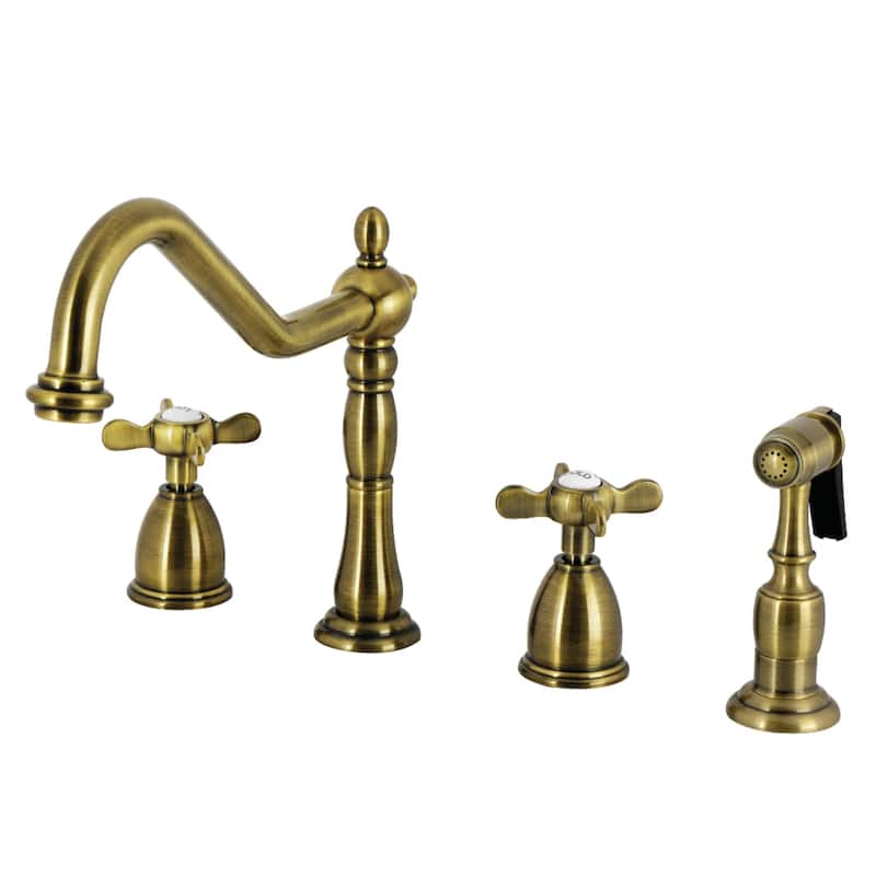 Kingston Brass Heritage Cross Kitchen Faucet with Side Spayer - Antique Brass