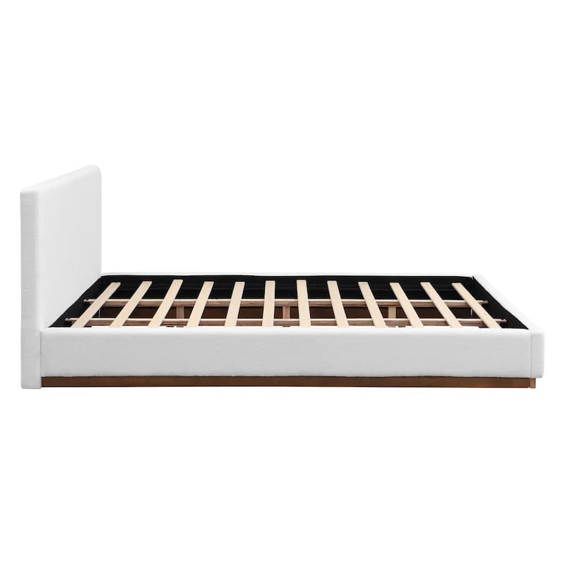 Elegant White Fabric Upholstered Bed with Solid Wood Base Frame, King/Queen Size