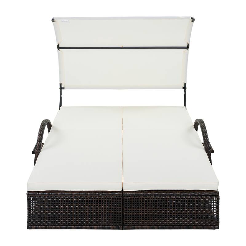 Outdoor Steel Frame Sun Lounger with Adjustable Backrest,Patio Double Sunbed with Hidden Side Table and Arched Armrests