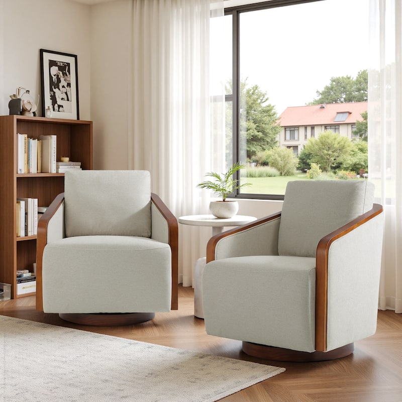 Chenille Modern 360°Swivel Barrel Chair Wood Base (Set of 2) - Beige Brown
