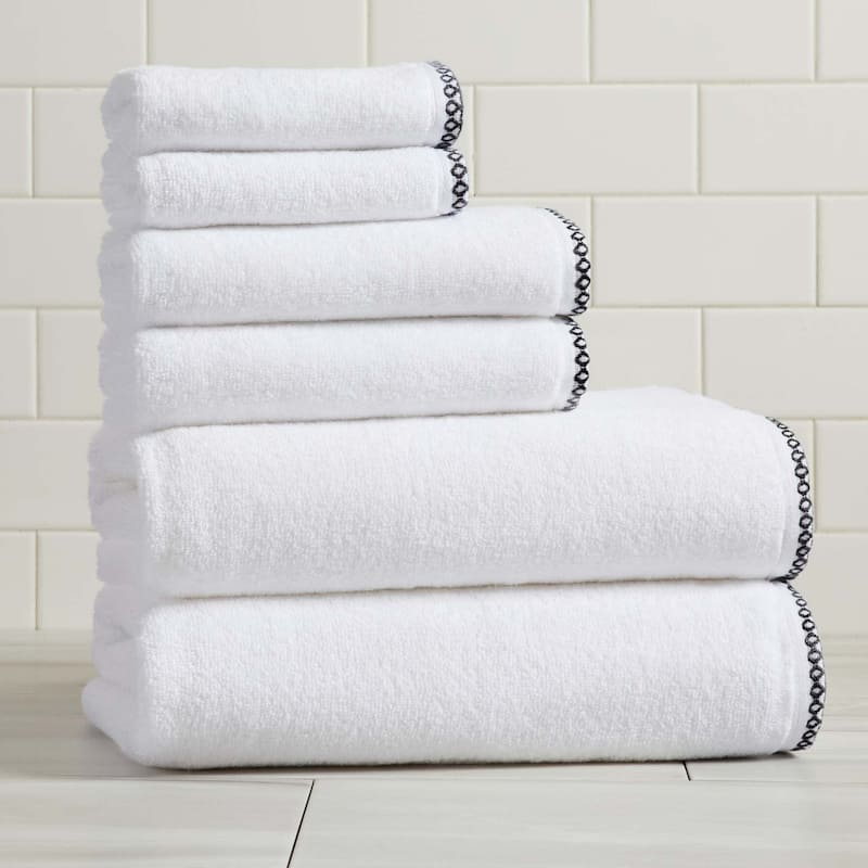 Linery & Co. Quick-Dry Cotton and Decorative Border Towel Set - 6 Piece Set - White / Black