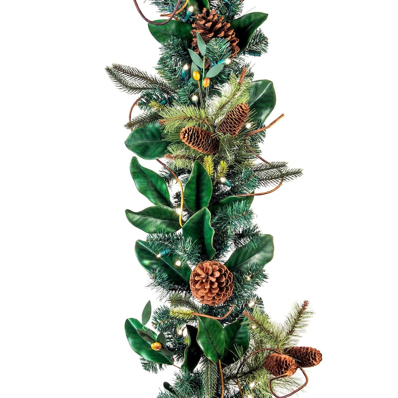 9 ft. Artificial Garland with Lights - Magnolia Leaf - Green