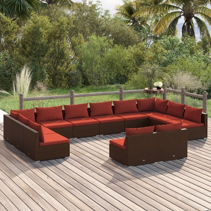 vidaXL Patio Lounge Set with Cushions Brown Poly Rattan - 27.6" x 27.6" x 24" - 27.6" x 27.6" x 24" - Brown/Cinnamon red 12 Piece