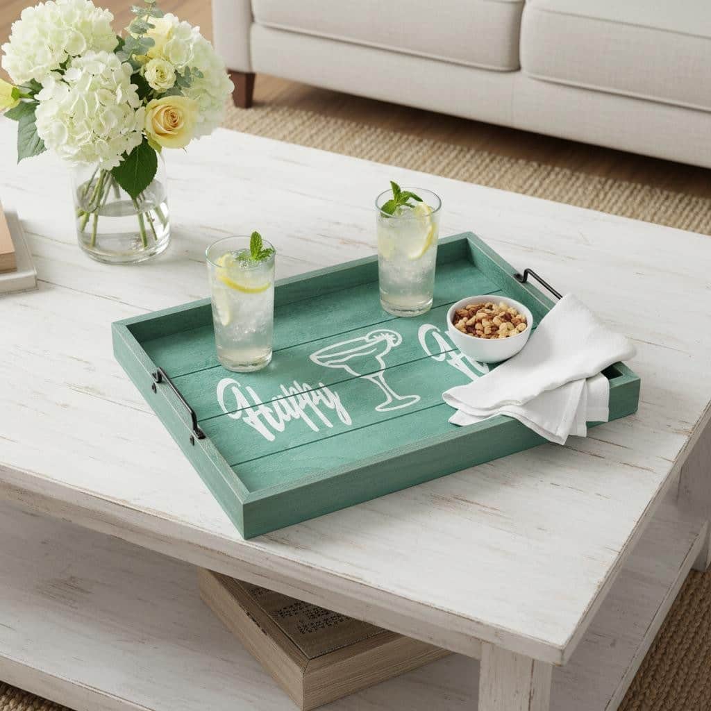 HomeRoots 16" Aqua And White Happy Hour Serving Tray With Handles - 15.50 in. x 2.25 in. x 12.00 in.