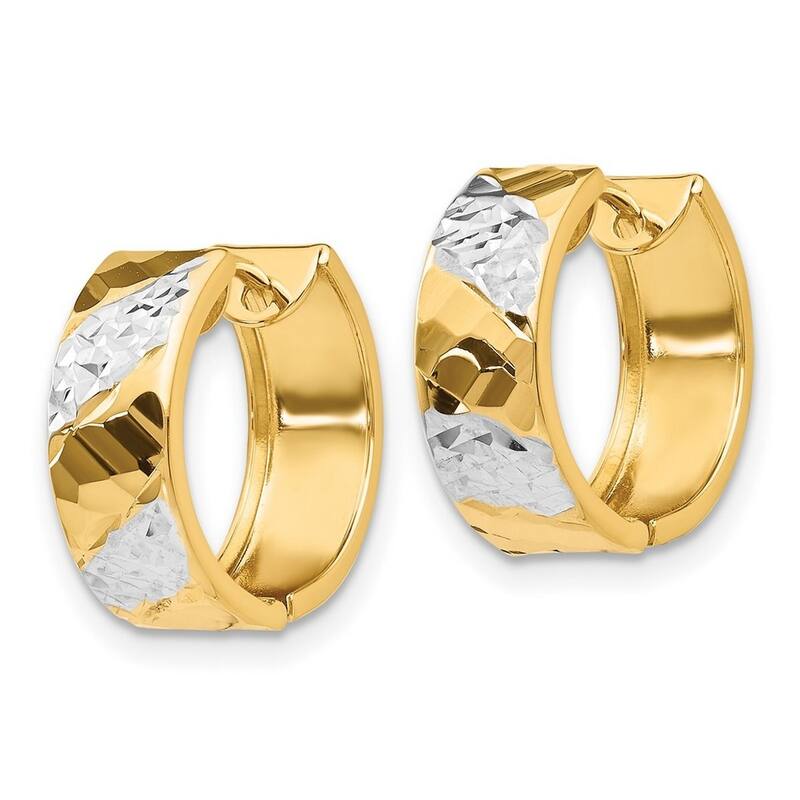 Curata 14k Yellow Gold Hinged Polished 13x5mm Sparkle Cut Rhodium Hoop Earrings