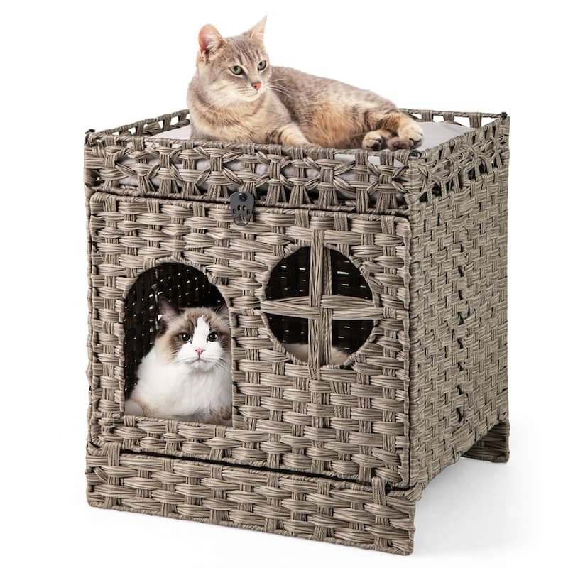 Costway Foldable 2-tier Rattan Cat Litter Box Enclosure with Litter - See Details - Grey - See Details