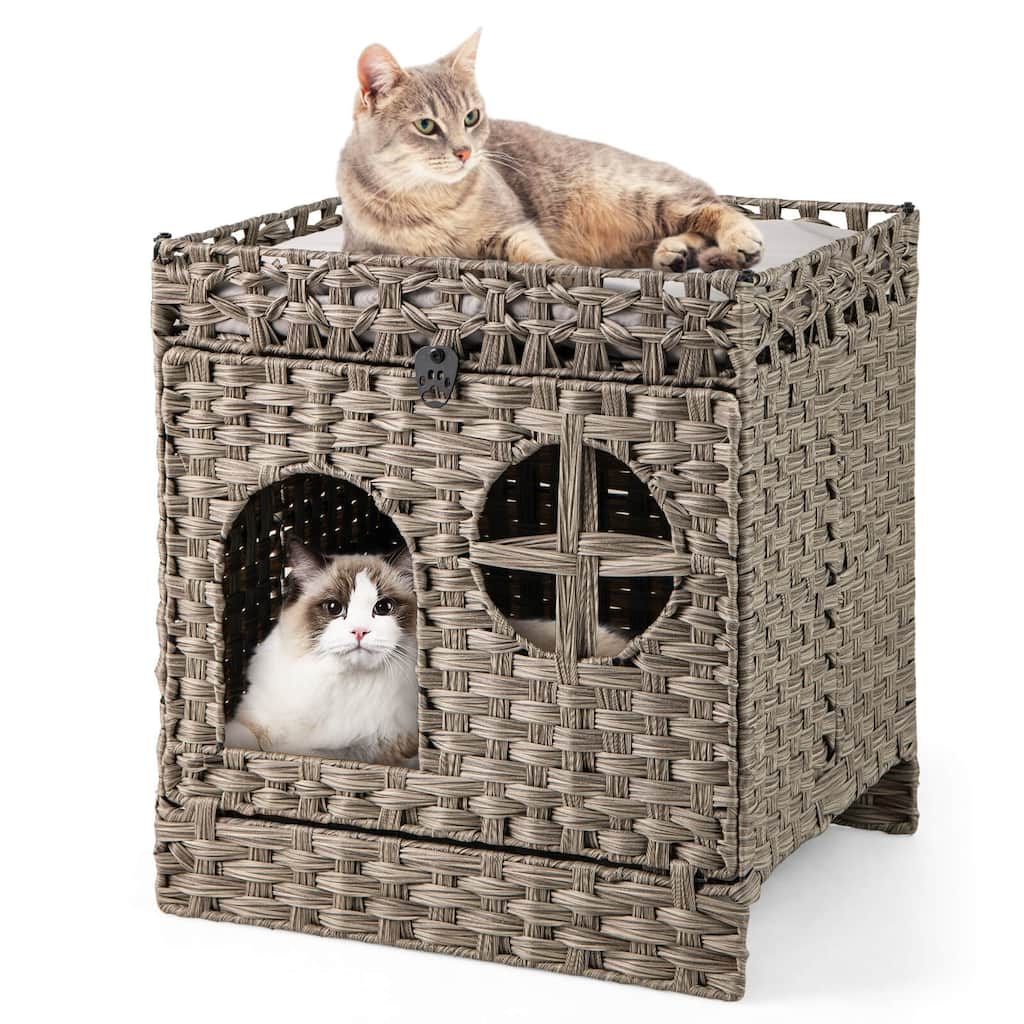 Costway Foldable 2-tier Rattan Cat Litter Box Enclosure with Litter - See Details