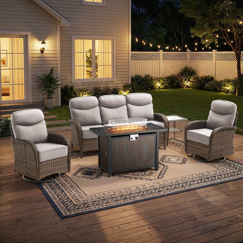 Pocassy Outdoor Sofa Swivel Chair and Ottman with Fire Pit Table - Brown Wicker Beige Cushion - 5PCS Sofa Swivel Chiar w/ Rectangle Fire Table