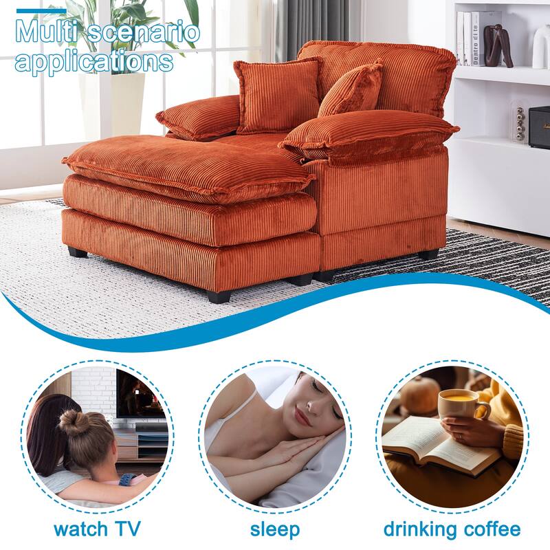 Corduroy Single Sofa Sets with Ottoman and 2 Toss Pillows, Deep Seat Design