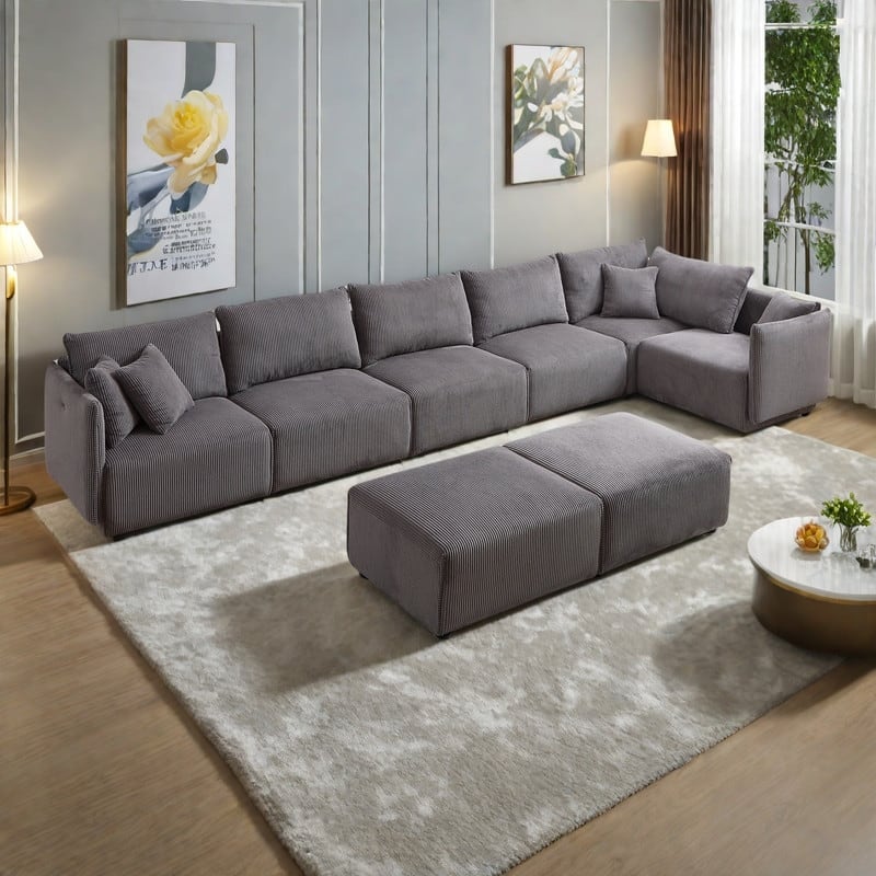 106.3" Corduroy Modular Sectional Sofas with USB-C Charging and 4 Comfort Cushions (Set of 2) - Gray