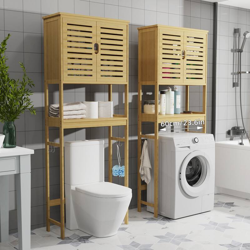Over The Toilet Storage Bamboo Toilet Rack With Open Shelf and Cabinet