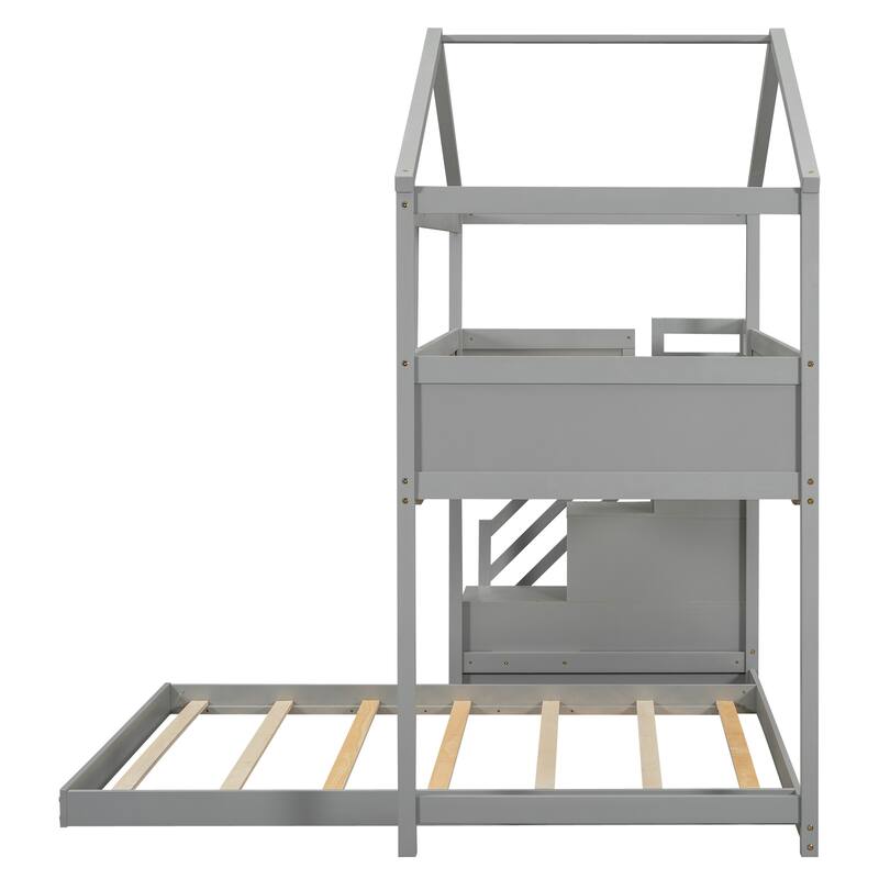 Gray Twin over Full Pine House Bunk Bed with Storage