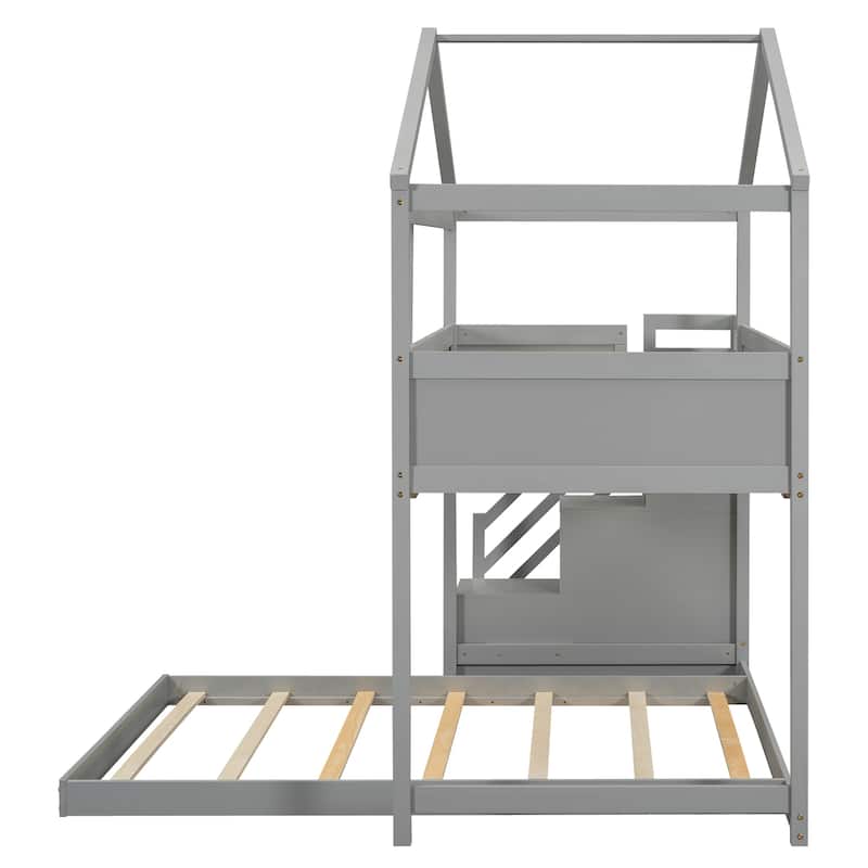 Gray Twin over Full Pine Wood House Bunk Bed with Storage Staircase