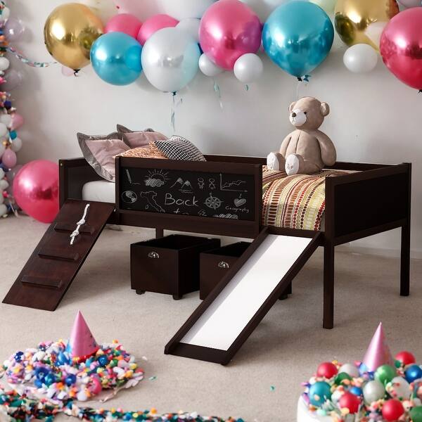 slide 2 of 9, Twin size Loft Bed With 2 Storage Boxes and Climbing Frame And Rope Espresso