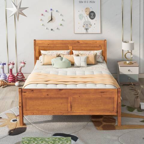 Full Wood Platform Bed Frame Sleigh Bed with Headboard, Footboard & Wood Slat Support, Oak