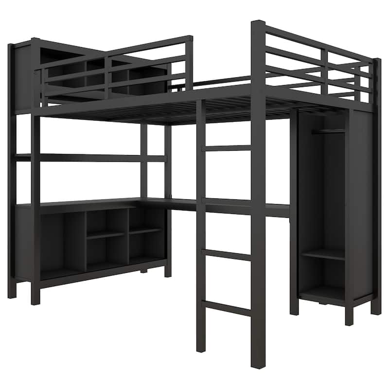 Full Size Metal Loft Bed with Wardrobe, Desk, and Storage, Ideal for Kids, Teens, and Adults