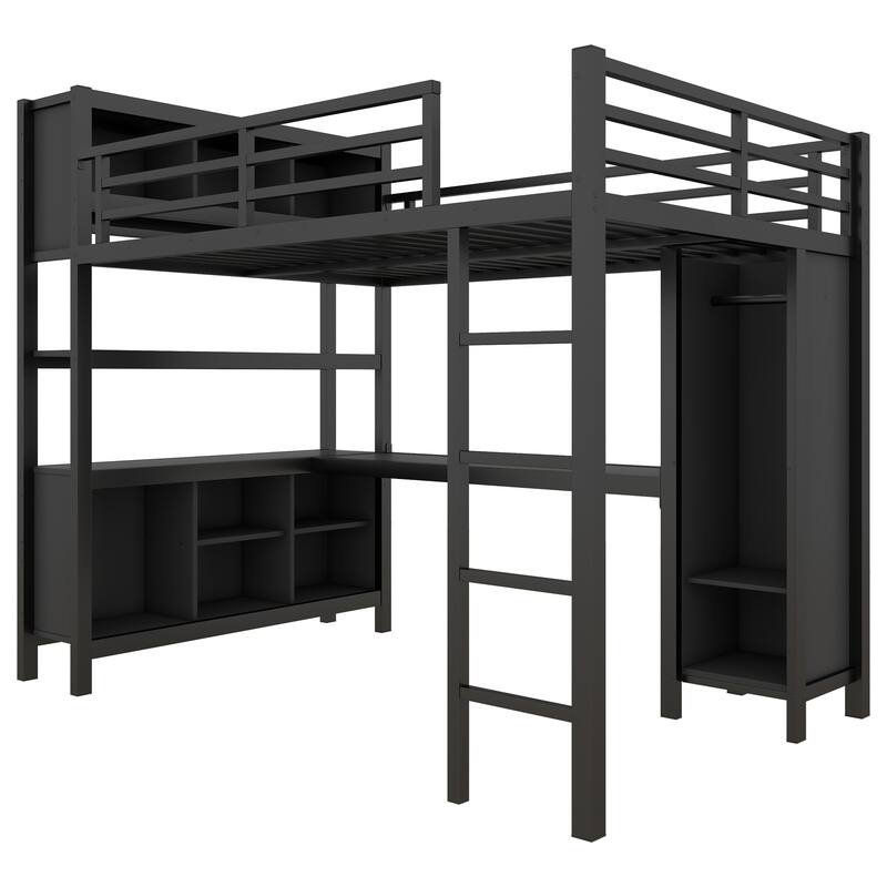 Full Size Metal Loft Bed with Wardrobe, L-Shaped Desk, Storage Cubes and Shelves