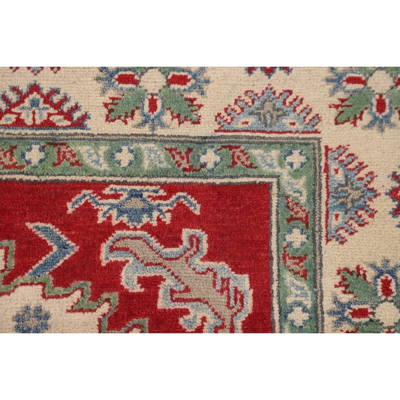 Red Geometric Kazak Rug Handmade Wool Carpet - 3'11" x 5'7"
