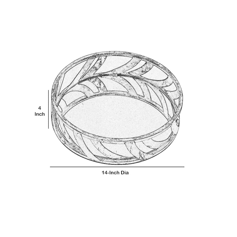 Round Metal Tray Set of 2 with Geometric Mirror Panel Inserts, Silver