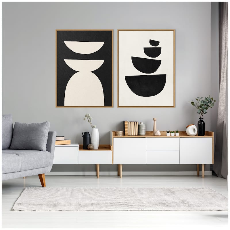 Kate and Laurel Sylvie White Geometric Abstract and Black Geometric Abstract Framed Canvas Art Set by July Art Prints