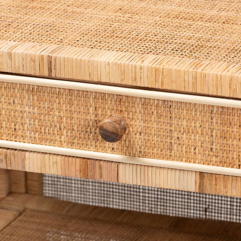 Bella Modern Bohemian Natural Brown Mahogany Wood and Natural Rattan 1-Drawer Console Table