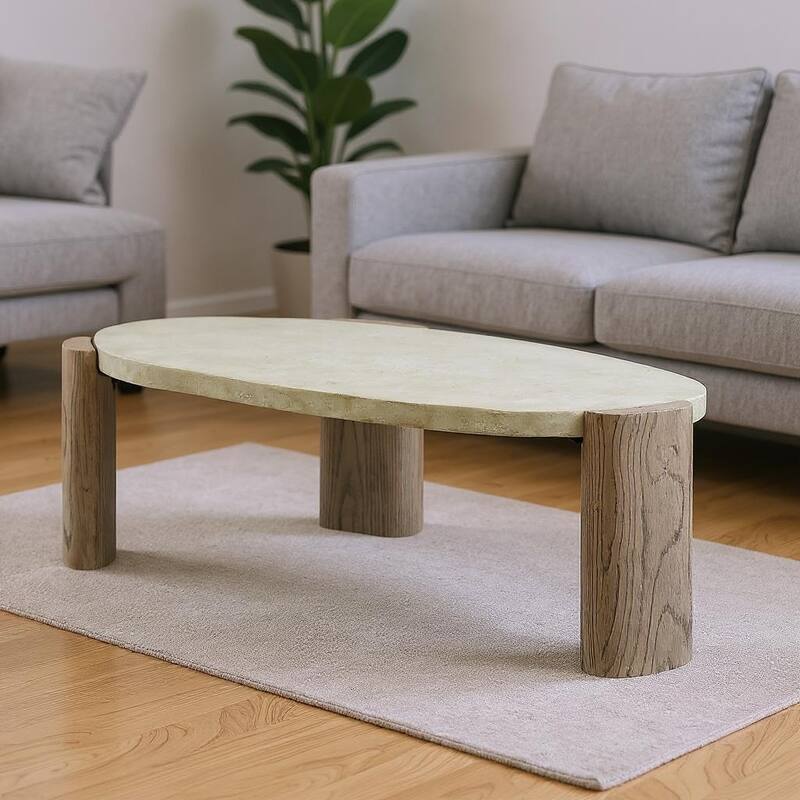 HomeRoots 47" Beige and Oak Distressed Cement Oval Coffee Table - 47.00 in. x 16.00 in. x 28.00 in. - Beige