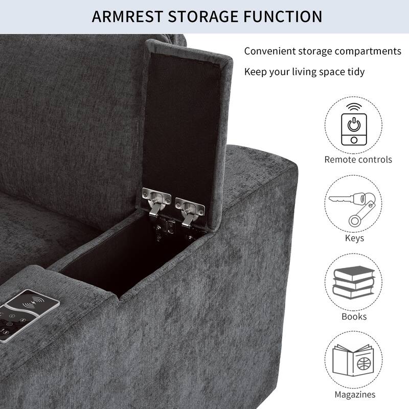 Upholstered Modular Sofa with Storage Space and USB Charge Ports, Sectional sofa Recliner Sofa with Wireless Charging