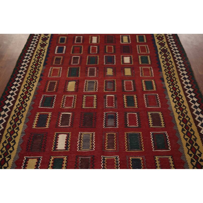 Vegetable Dye Red Kilim Qashqai Persian Vintage Wool Carpet - 5'6"x 9'3"