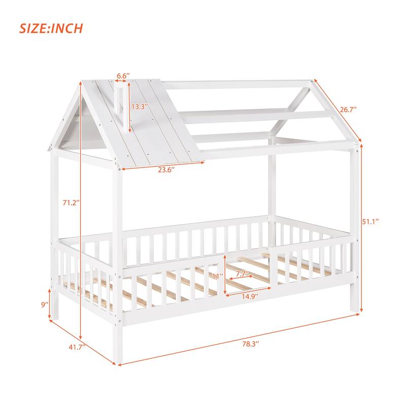 Platform Bed for Kids, Wooden House Shaped Bedframe with Fence & Roof