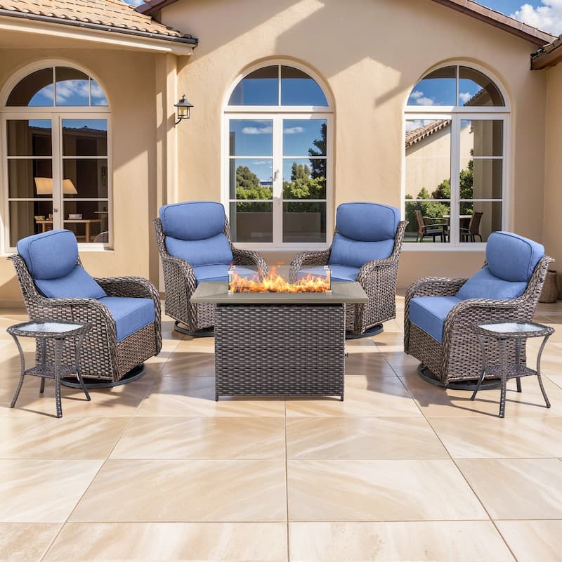 Pocassy Outdoor 6 Inch Sofa Swivel Chairs with Fire Pit Table Set - Brown Wicker Blue Cushion - 7 Pieces Swivel Chair Table with Fire Table