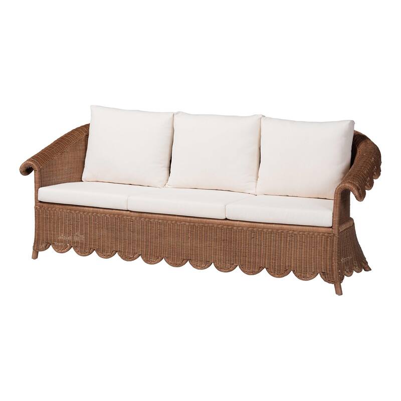 Detta Natural Rattan Sofa with Cushion - Handwoven Wicker Settee with Rolled Arms and Scalloped Skirt Base, Boho Coastal Style - Peanut Brown