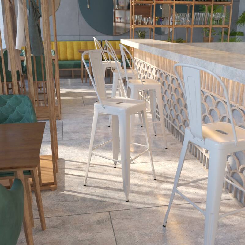 30'' High Metal Indoor-Outdoor Barstool with Back - White