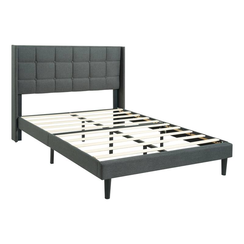 Modern Queen Size Upholstered Platform Bed Frame with Button Tufted Headboard, No Box Spring Needed, Dark Grey