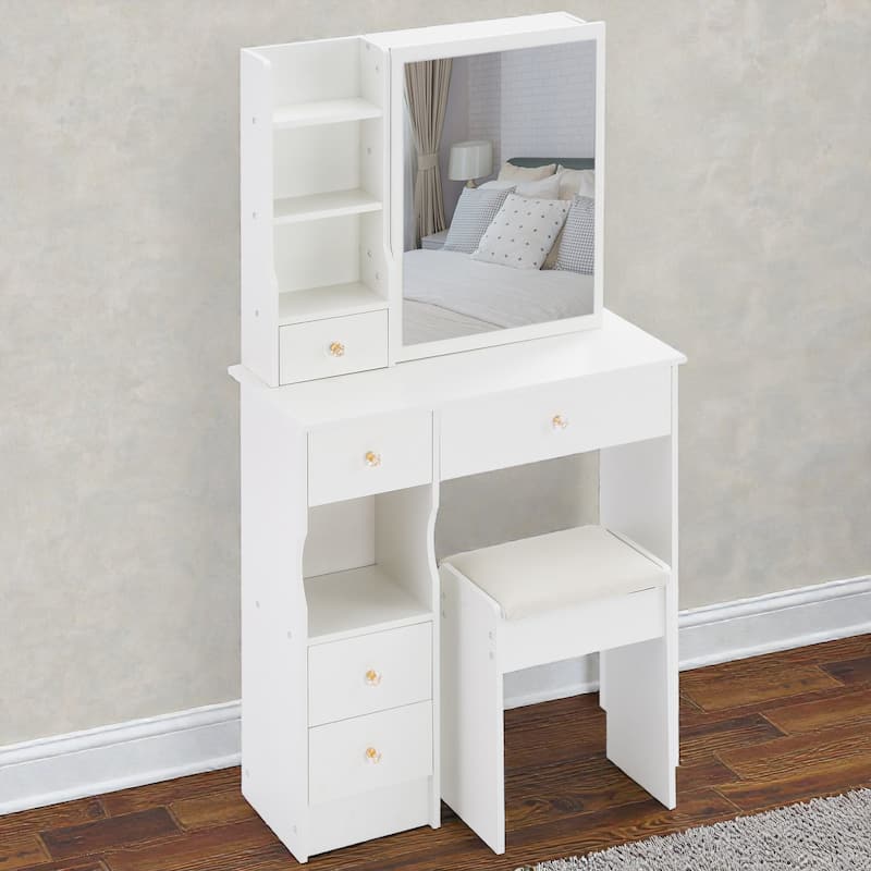 Small Space Vanity Table with Sliding Mirror and Stool, 29.2 Inch Makeup Dresser with Drawer Storage