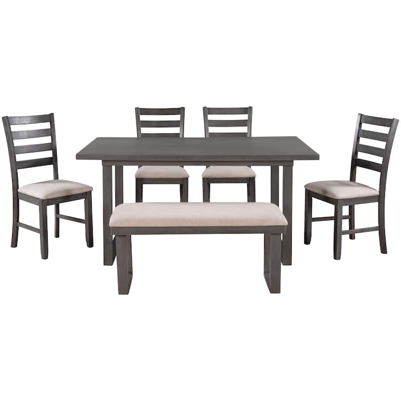 6 Piece Dining Table Set, Solid Wood Dining Room Furniture Set with Rectangular Table, 4 Upholstered Chairs and Bench