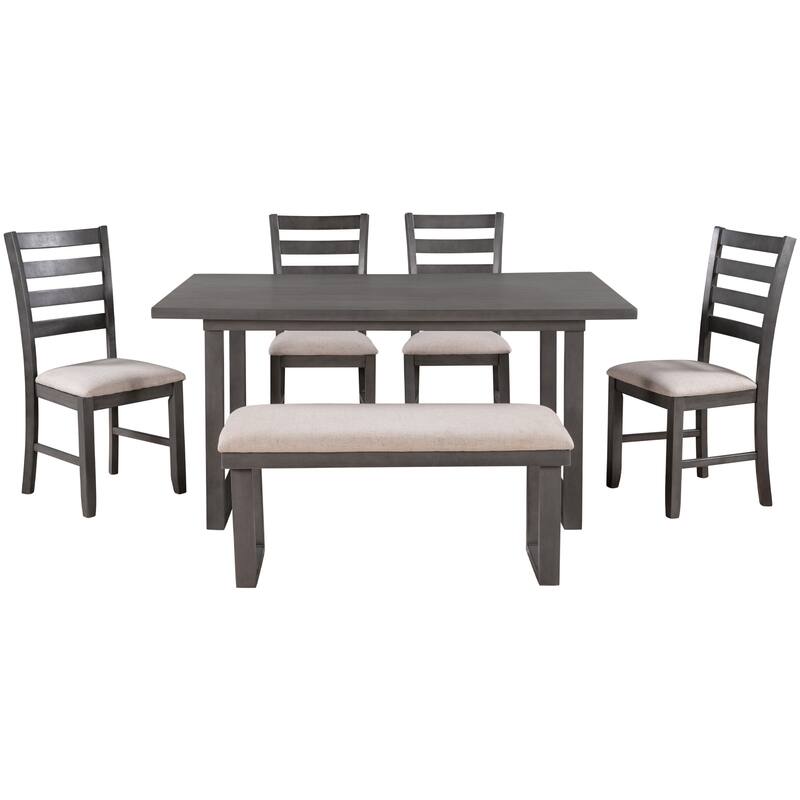 6-Piece Wood Dining Room Set Rrectangle Table and 4 Chairs & Bench