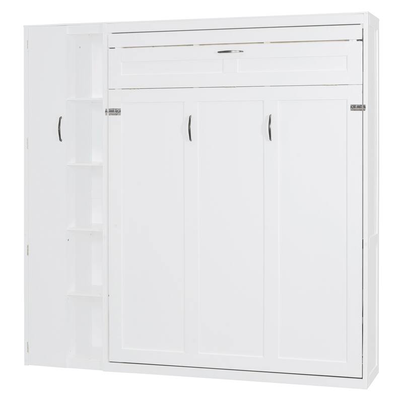 Queen Size Wall Bed with Shelves, Wardrobe, and LED Lights, Space-Saving Design, White