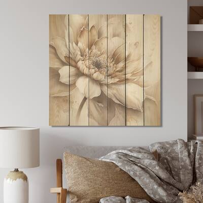 Designart 'Single Beige Flower III' Floral Wood Wall Art - Natural Pine Wood